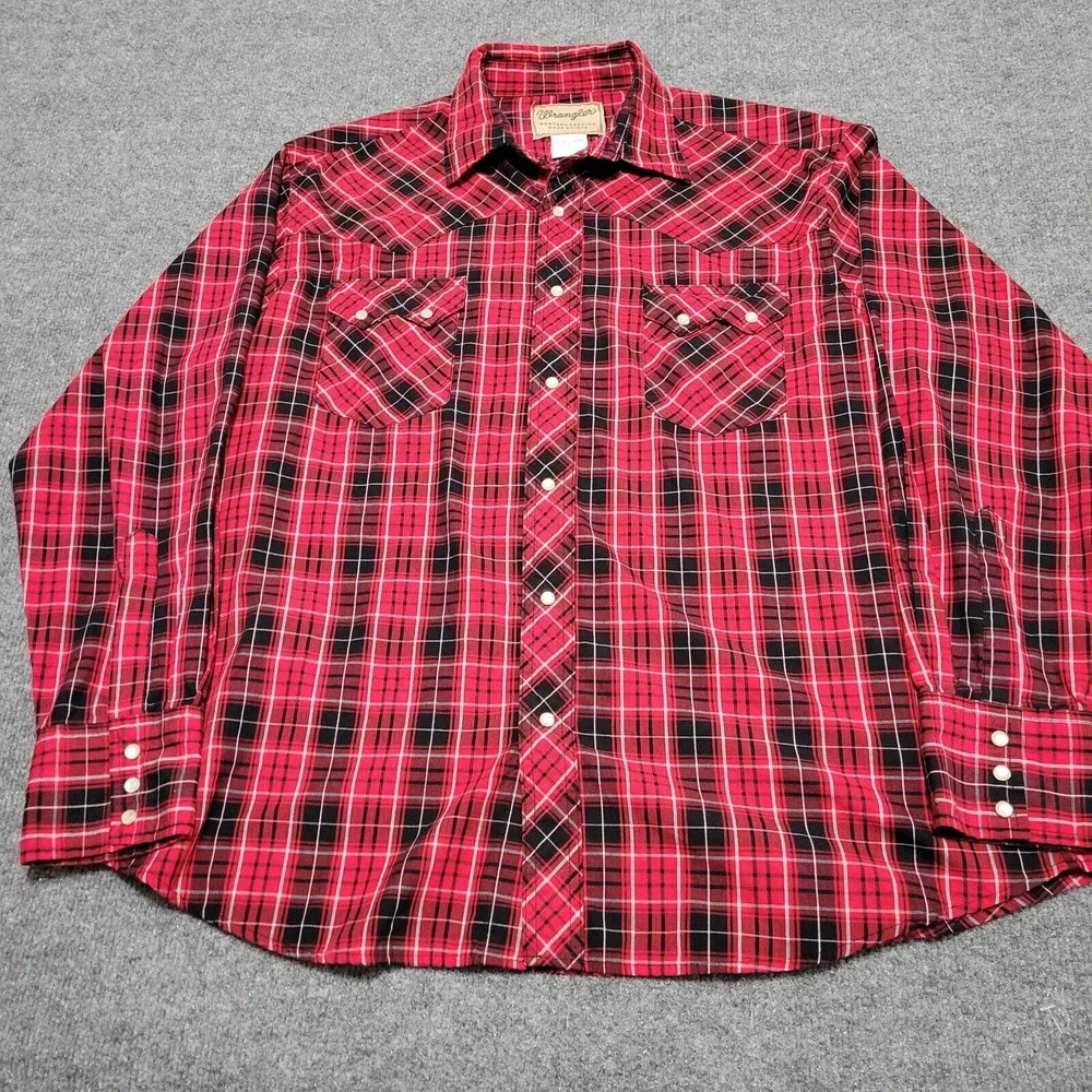 Wrangler Shirt Mens XL Pearl Snap Red Plaid Double Sawtooth Pocket Rodeo Western